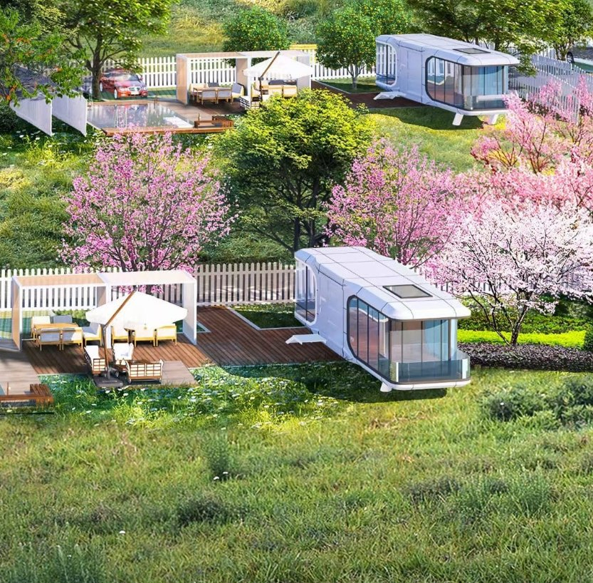 Casa modular cápsula prefabricada verde y eficiente en energía con sistema híbrido de solar y eólico