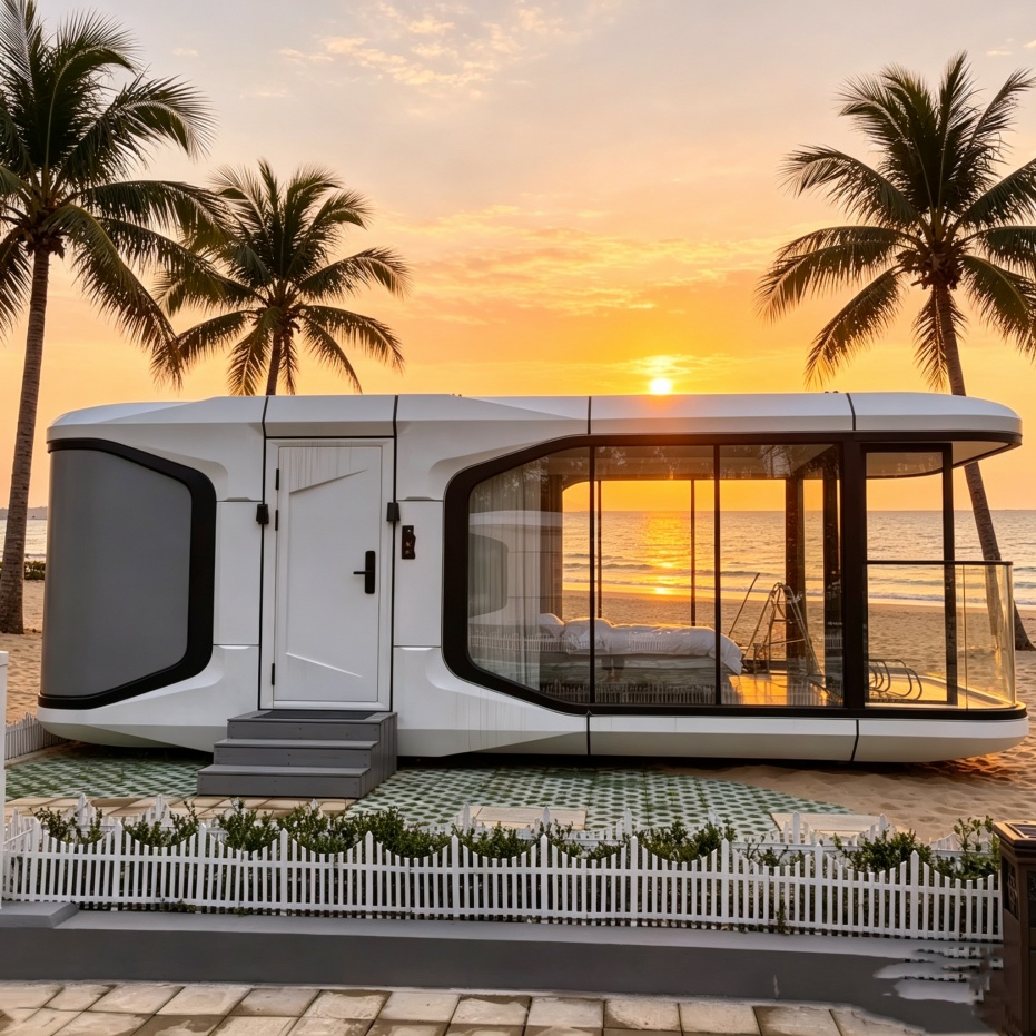Casa cápsula modular prefabricada ensamblada, resistente a la corrosión, eficiente en energía, disponible para villa en la cima de la colina