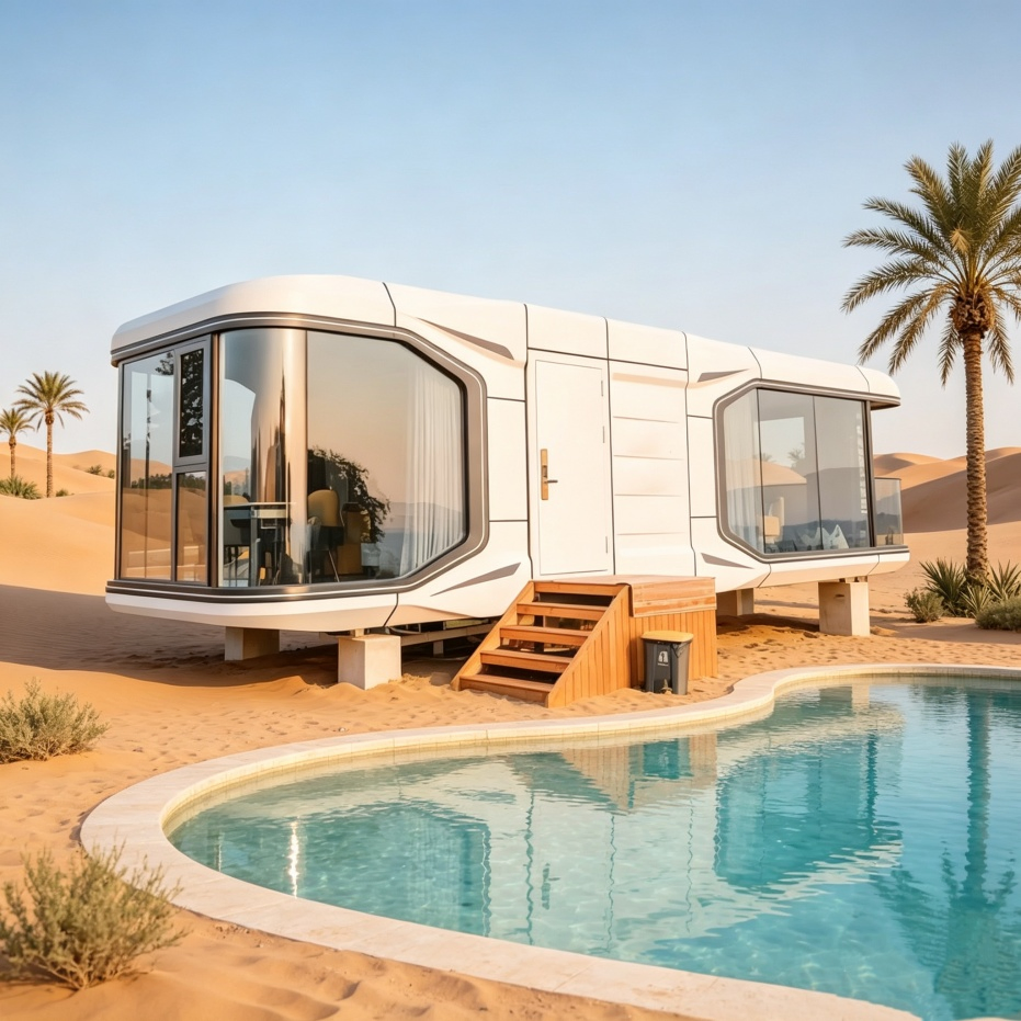 Casa cápsula modular prefabricada ensamblada, resistente a la corrosión, eficiente en energía, disponible para villa en la cima de la colina
