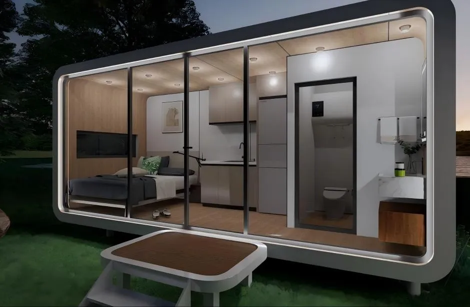 Casa Cápsula – Casa modular prefabricada inteligente con baño y gran pared de vidrio para estancia en la naturaleza