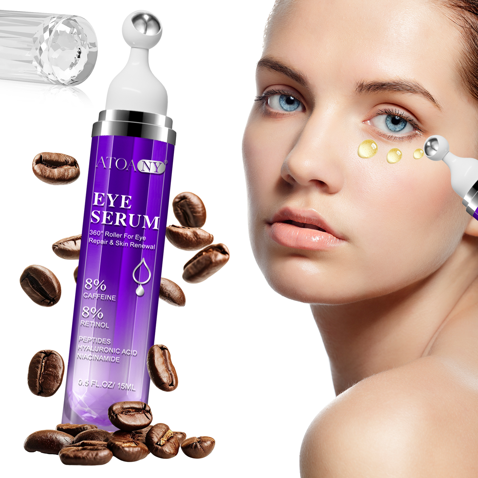Private Label Anti Aging Anti Wrinkle Under Eye Serum Caffeine Retinol Eye Lift Serum With 360&deg; Eye Roller For Dark Circles