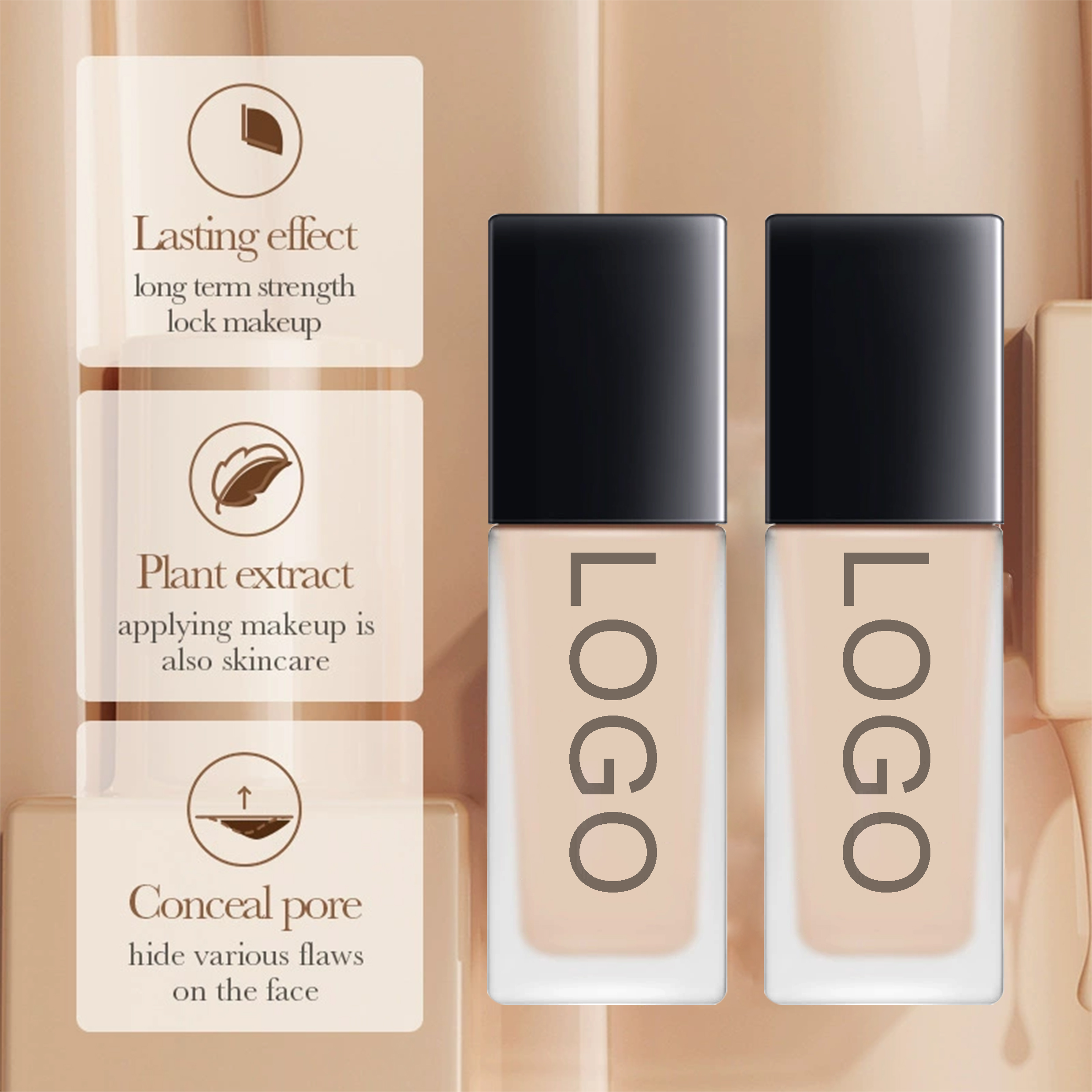 Professional Full Coverage Liquid Foundation Concealer Long Lasting Waterproof Sweatproof Natural Finish Oil-Control 24H Wear