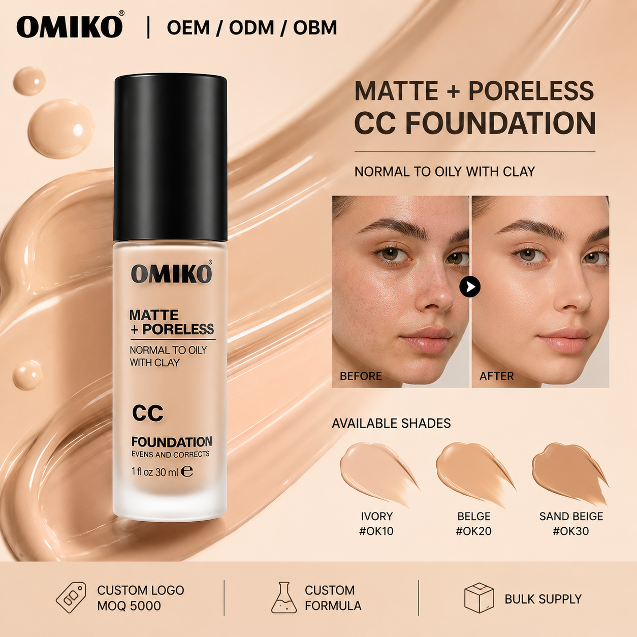OMIKO Waterproof Cream Foundation Smear-proof Makeup Oil Control Natural Moisturizing Concealer
