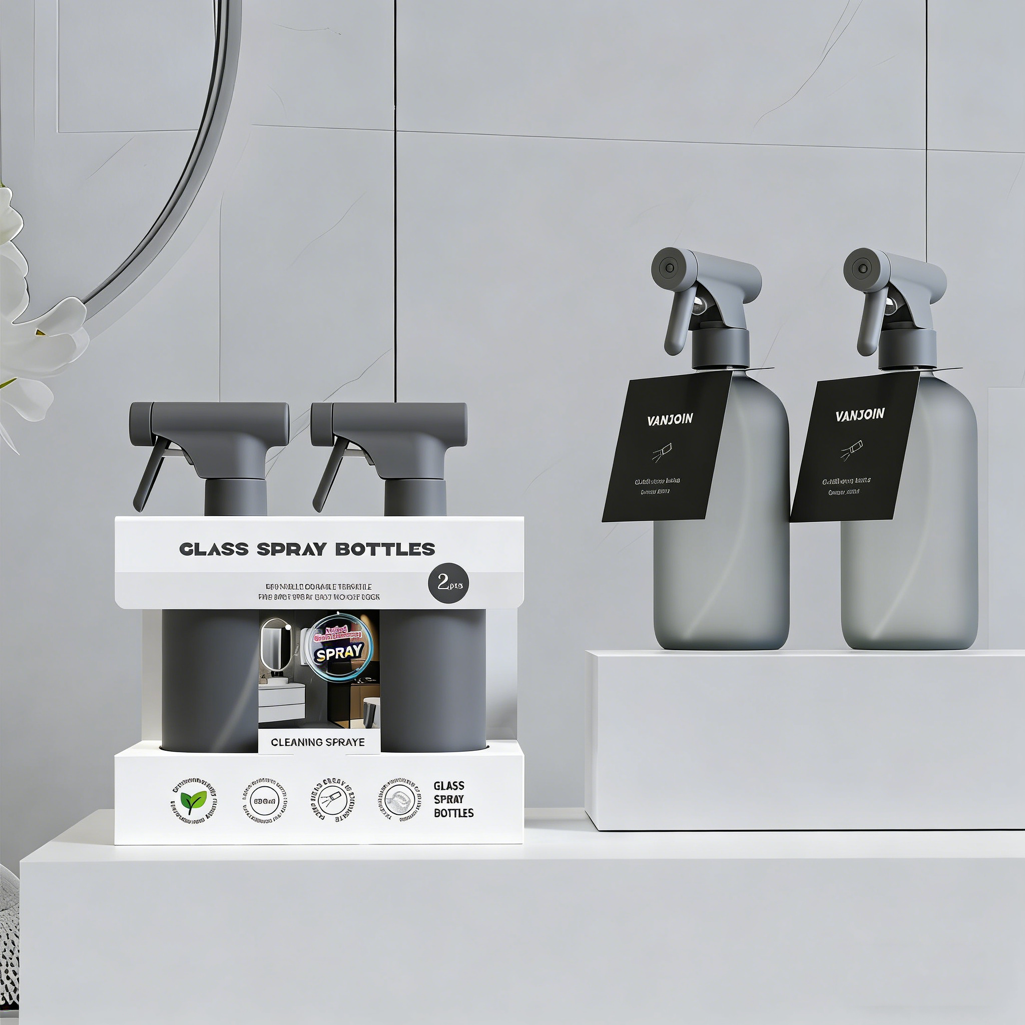 Customized 2 Pack 16OZ 500ml Refillable Frosted Glass Bottle Cleaning Spray Glass Bottle With Trigger Sprayer Room Mist Spray