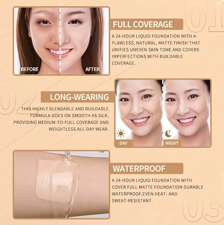 Custom Logo Makeup Vegan Sunscreen Waterproof Long Lasting Full Coverage Private Label Liquid Matte Foundation for Black Women