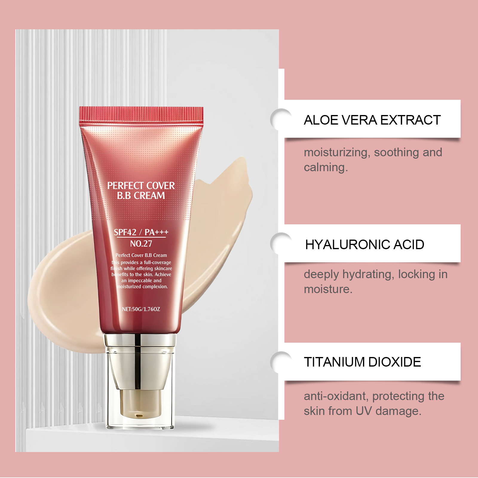 Perfect Cover BB Cream Natural Beige Foundation Waterproof SPF 42 Whitening Moisturizing Long Lasting Oil Control Hyaluronic
