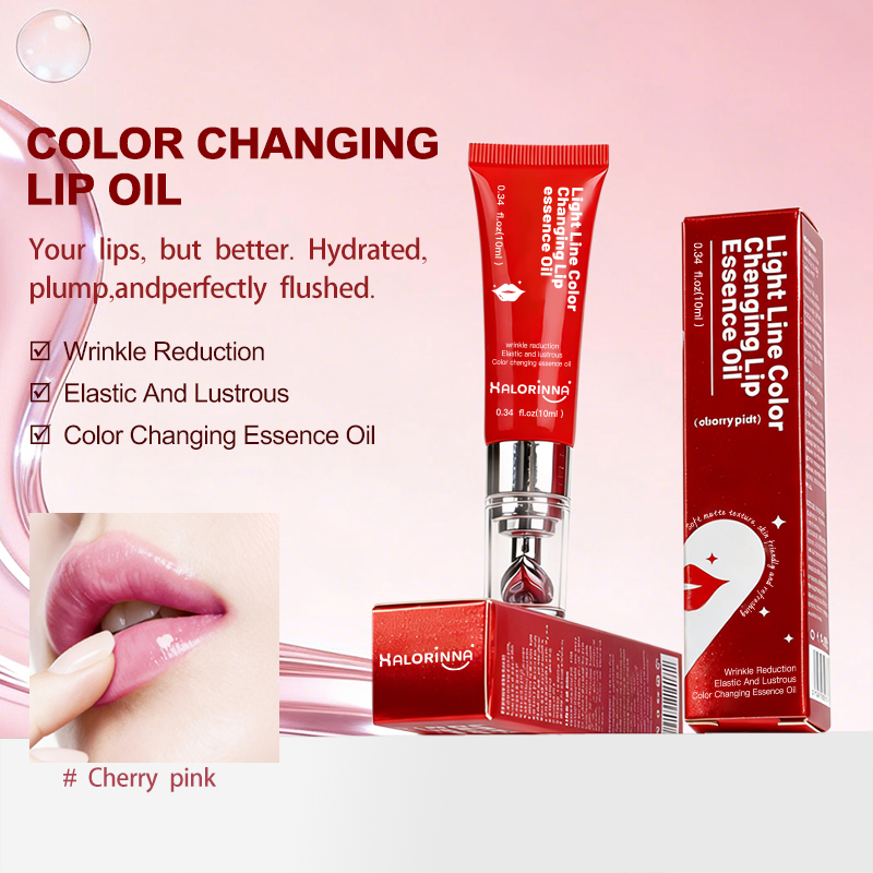 HALORINNA OEM Cherry Pink Lip Plumping Oil Private Label Color Changing Lip Serum Vitamin C Jojoba Oil Organic Moisturizer