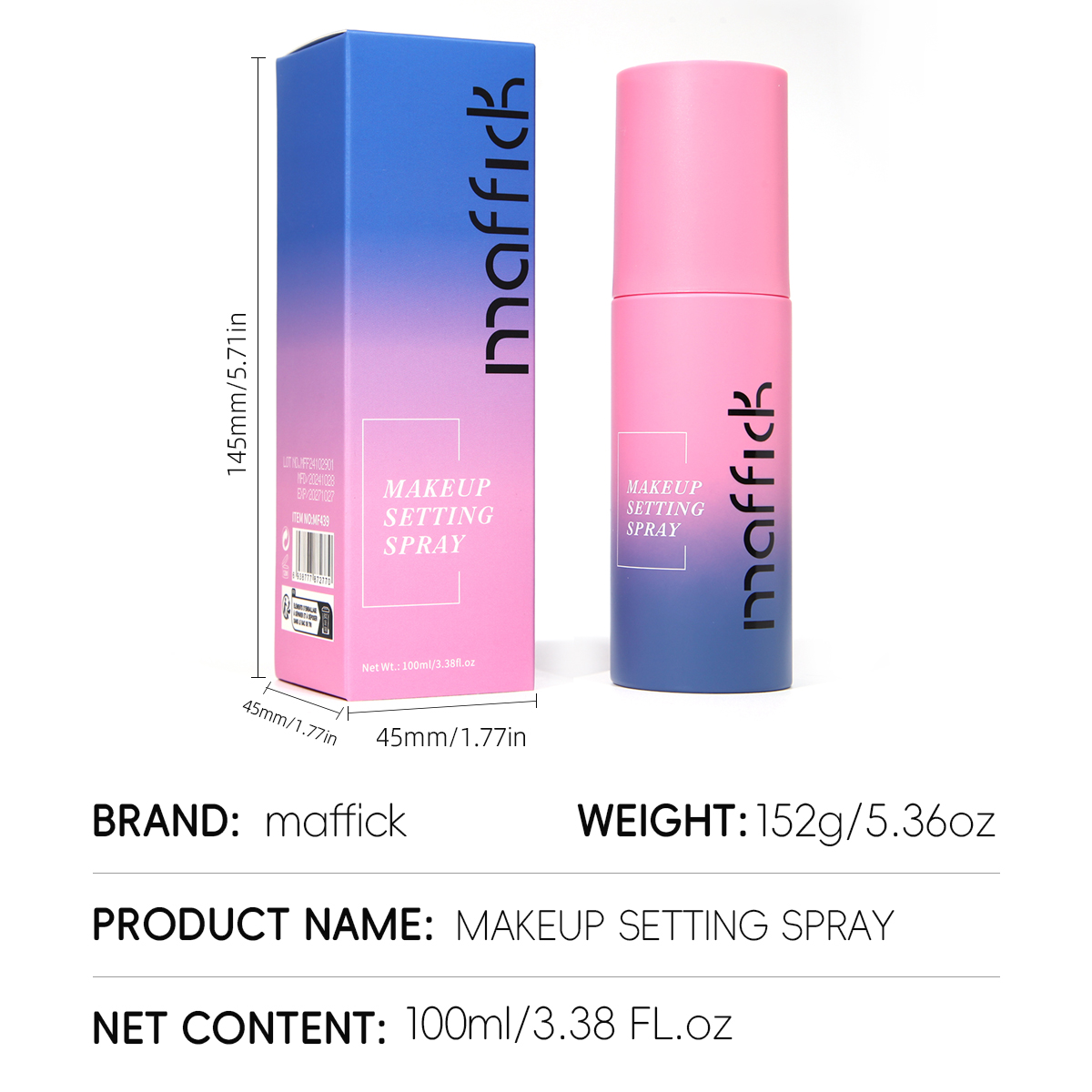 MAFFICK Water Resistant Long Lasting Makeup Setting Spray Oil Control Hydrating Fine Mist Fixer Keeps Foundation Fresh All Day