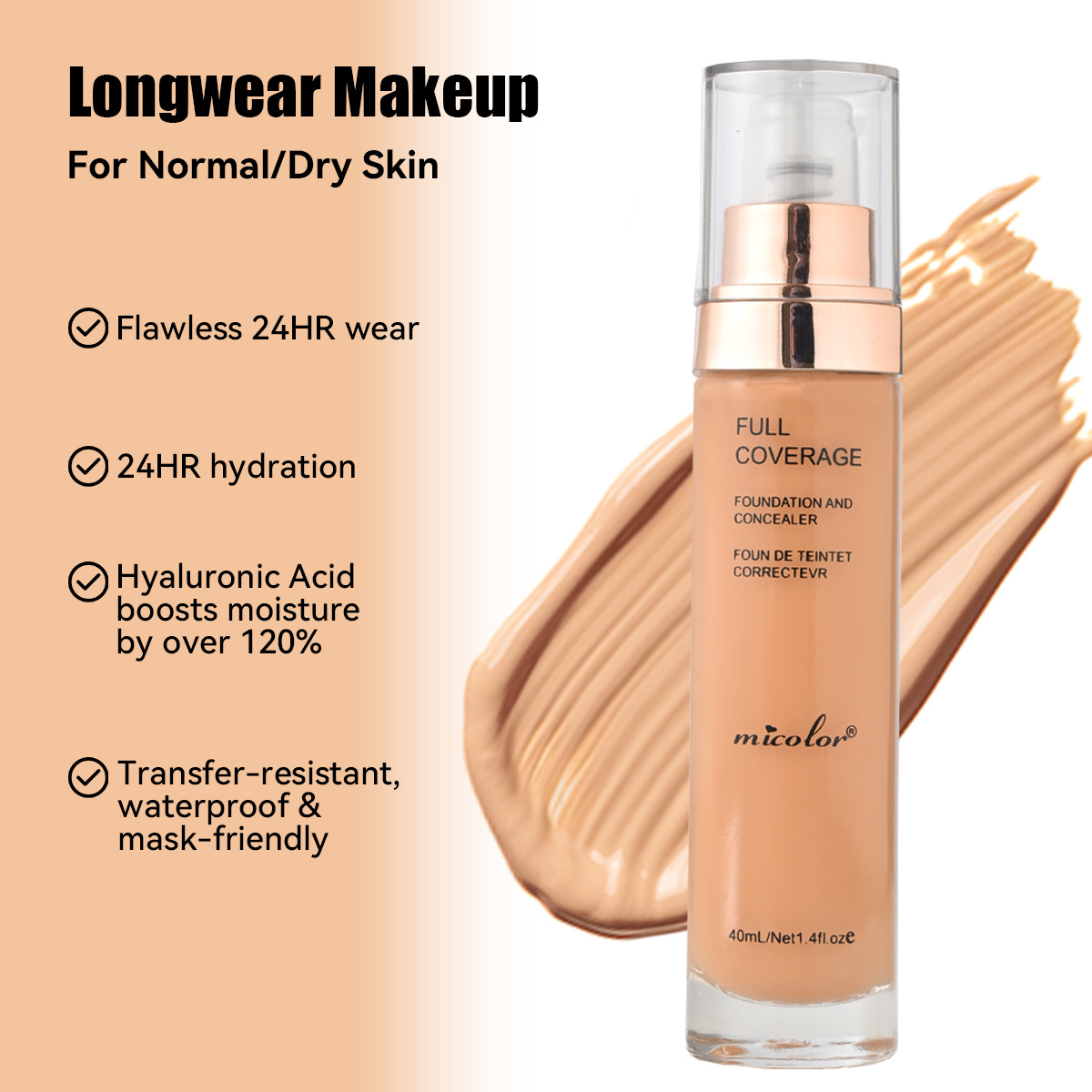 Cross-Border Bestseller MICOLOR Dark-Skin Foundation Seven-Color Concealer Moisturizing Oil-Control 40ml Glass Bottle BB Cream