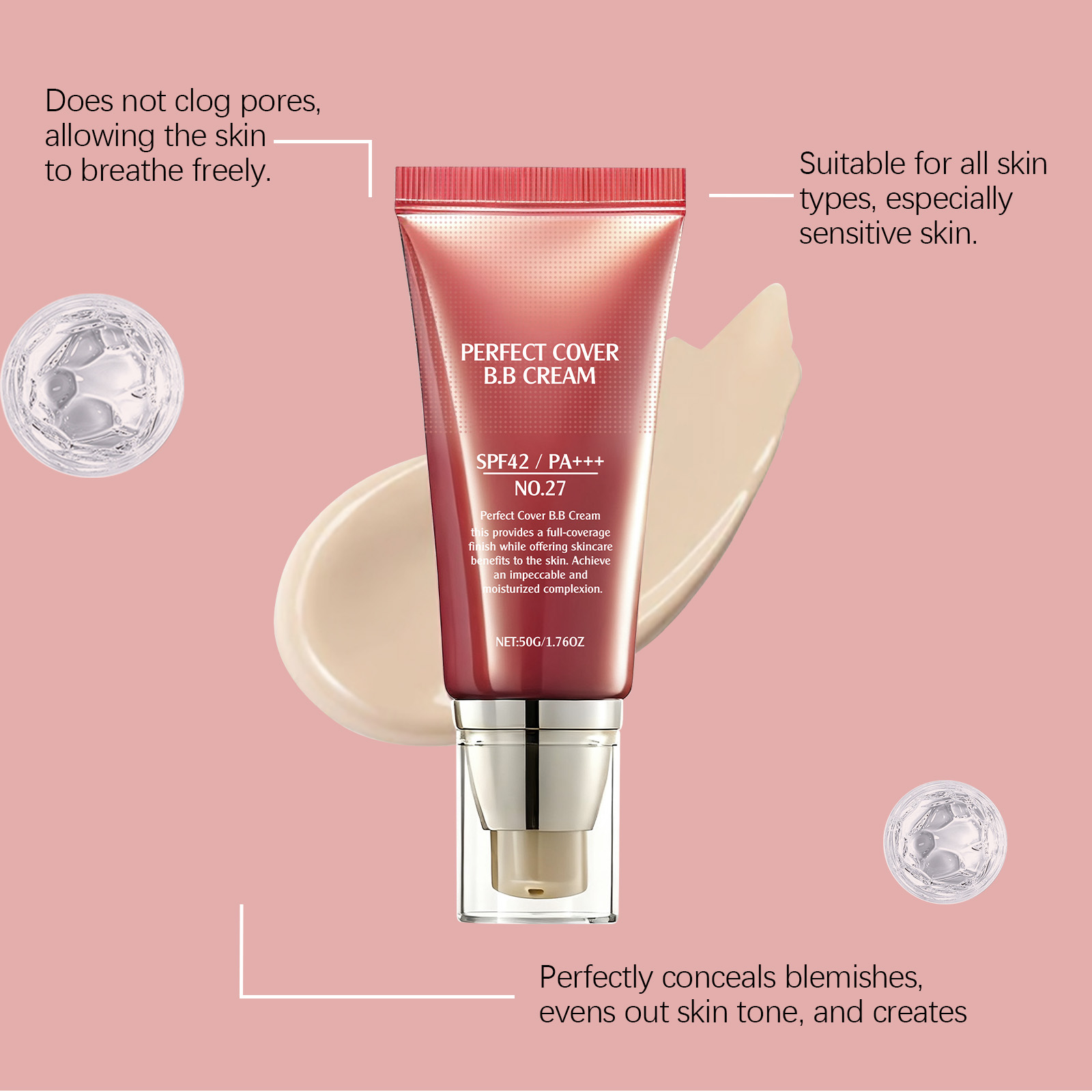 Perfect Cover BB Cream Natural Beige Foundation Waterproof SPF 42 Whitening Moisturizing Long Lasting Oil Control Hyaluronic