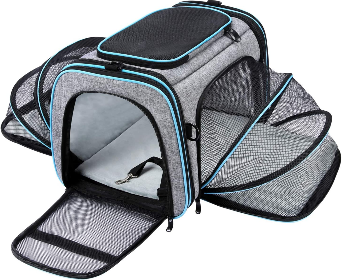 Soft Sided Pet Carrier Airline Approved 2 Sides Expandable Collapsible Cat Carrier With Pockets and Removable Fleece Pad