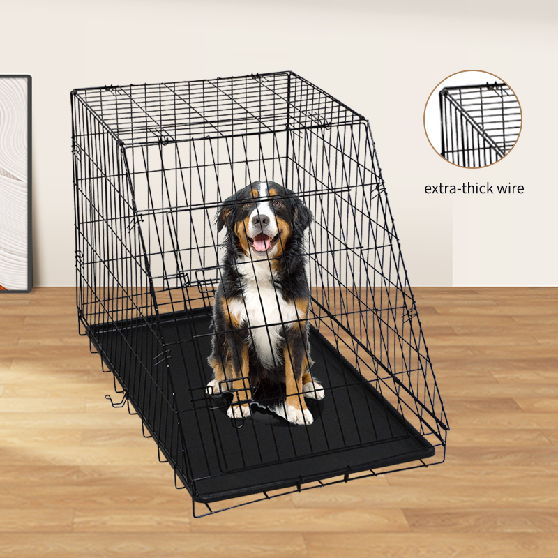 Heavy Duty Sloped Top Wire Pet Cage Breathable Ventilated Inclined Dog Transport Box Easy Clean Tray Collapsible Dog Crate