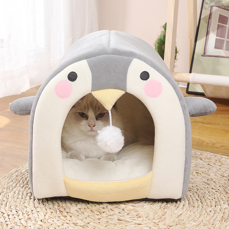 Wholesale Anime Style Dog Bed Plush Stuffed Grey Penguin Warm Cat House