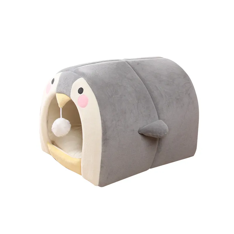 Wholesale Anime Style Dog Bed Plush Stuffed Grey Penguin Warm Cat House