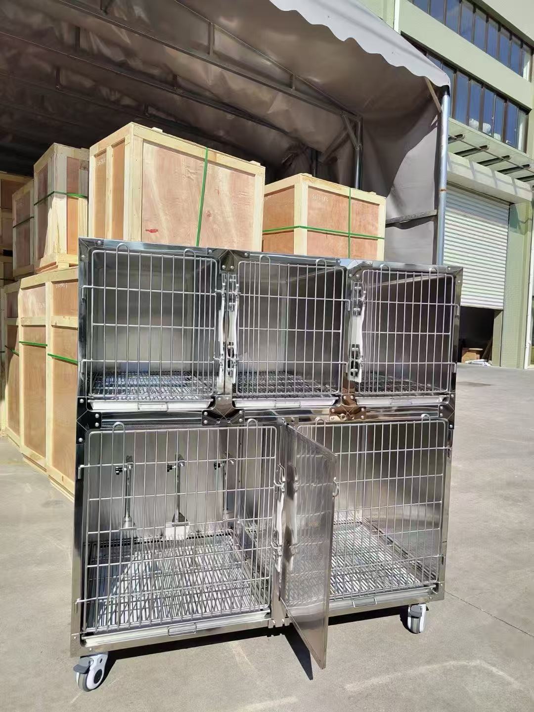 Five-position Simple Stainless Steel Rectangular Dog Cage Portable Movable Foldable Pet Hospital Kennel with Brake Wheel