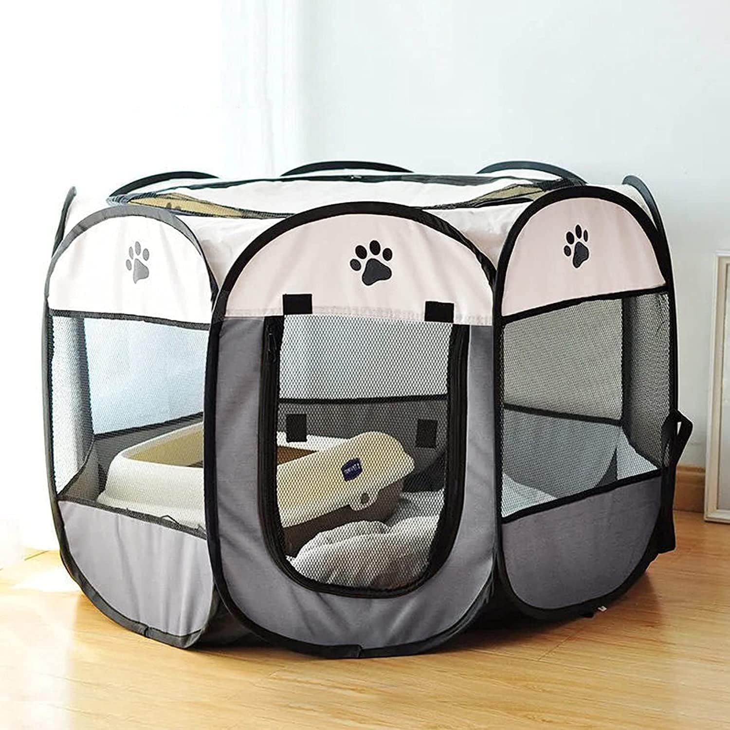 Dog Cat Playpen Puppy Pet Crate Zipper Closure Wooden Tray Polyester Oxford Material Indoor Outdoor Kennel Enclosure Large Cage