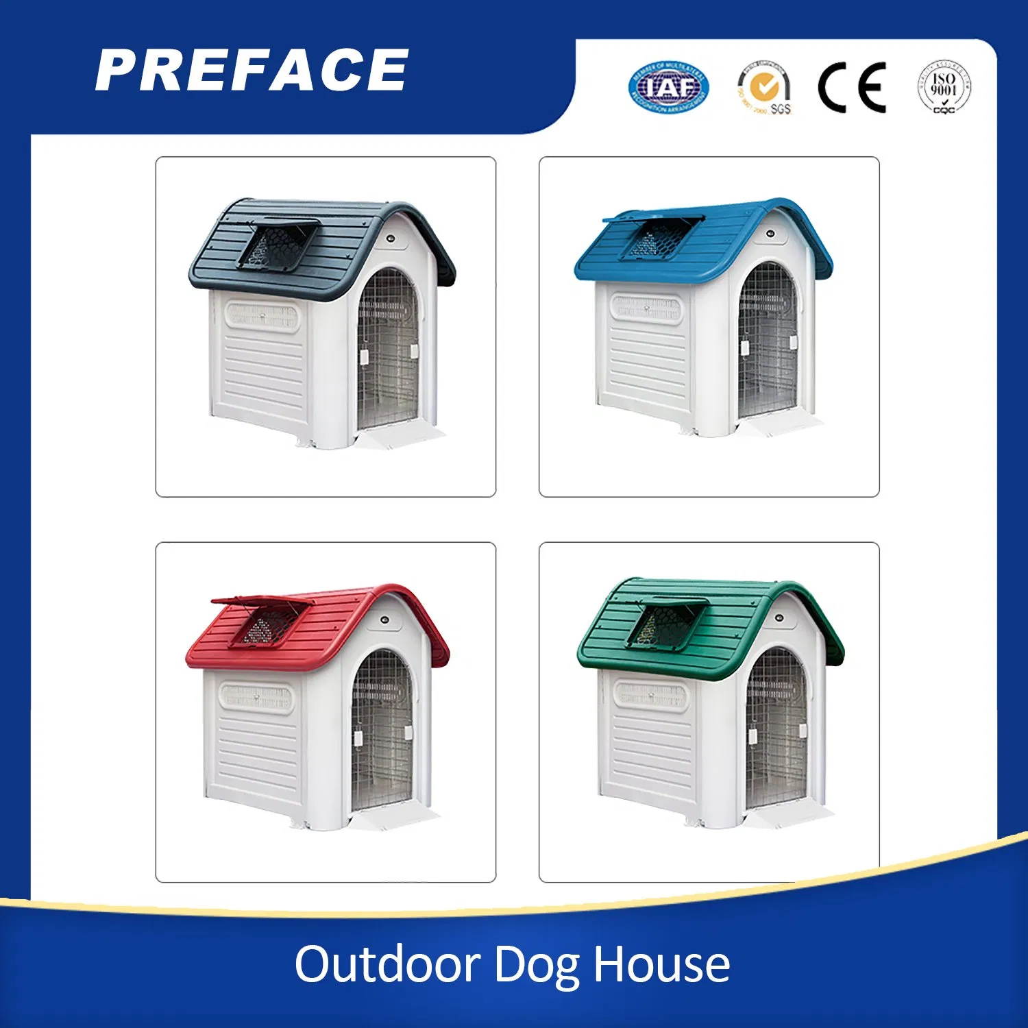 Wholesale blue Red Green Gray Rainproof OEM Luxury Waterproof Comfortable Safe Non Toxic Indoor Outdoor Cage Kennel Shelter Plastic Pet Cat Dog House with Door