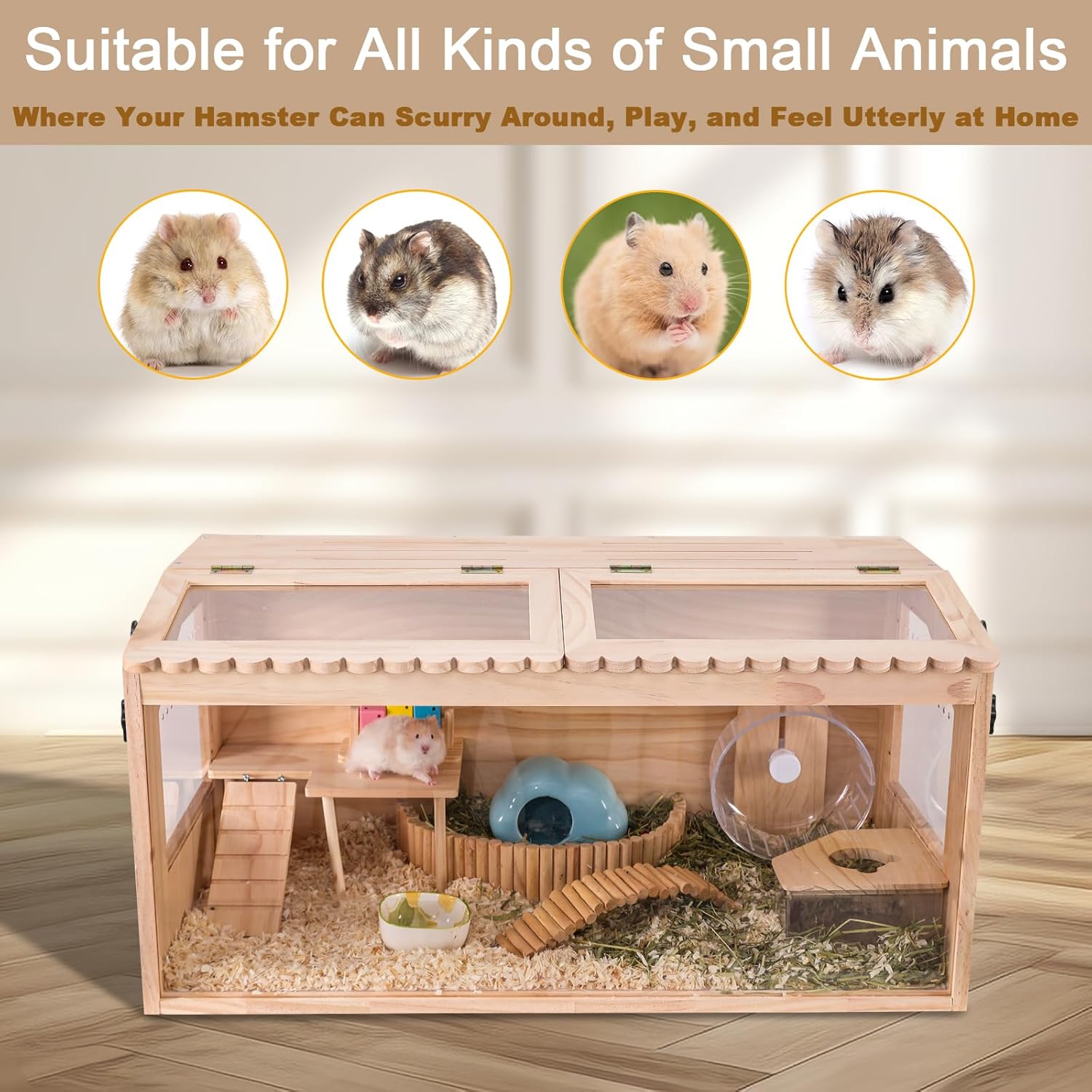 Wooden Hamster Cage, Small Animal Cage for Dwarf Syrian Hamsters Degus Mice &amp; Other Small Pets. Large Hamster Cage
