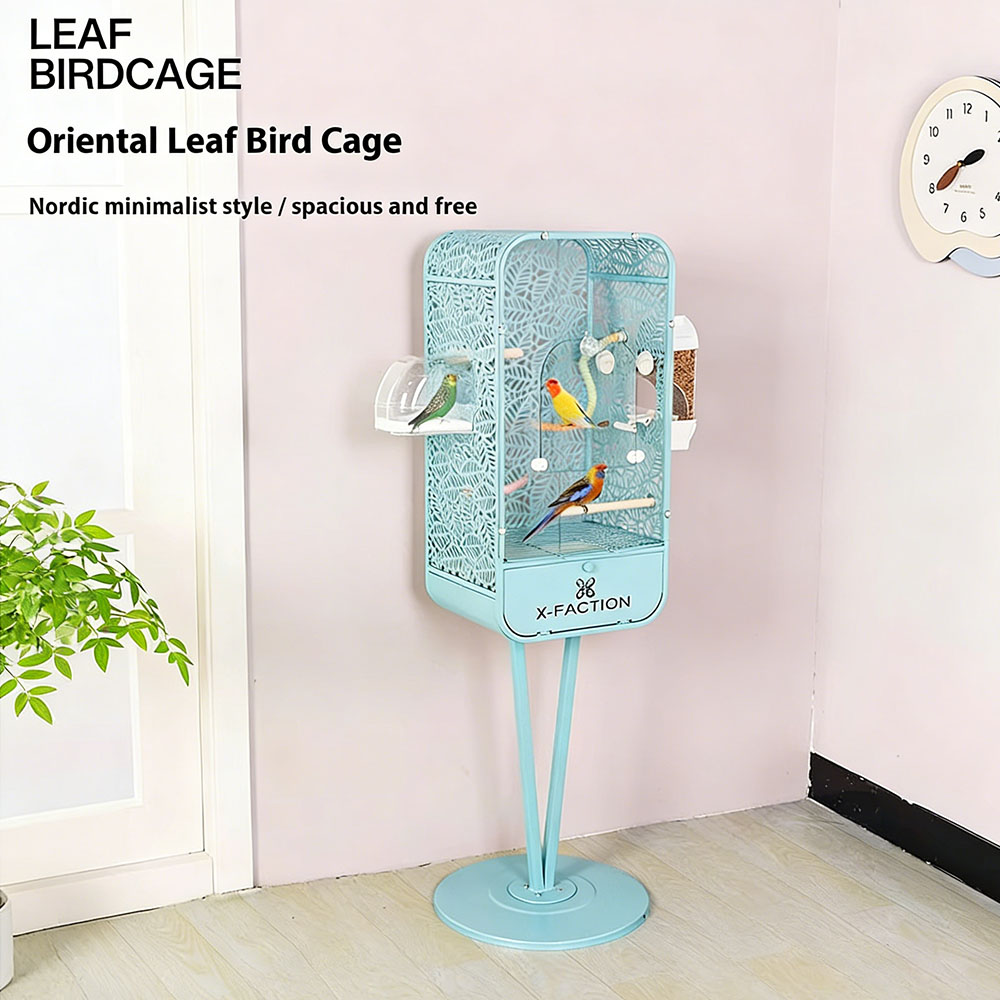 Modern Metal Breathable Simple Bird Cage with Button Closure Acrylic Front Easy to Clean Removable Tray Stand