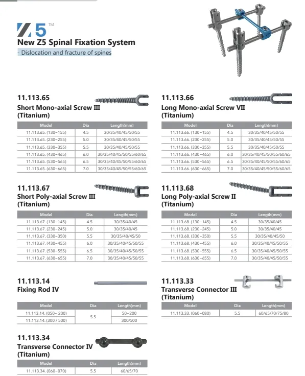 Medical Surgical Instrument Orthopedic Implant Titanium New Z5 Short Mono-Axial Screw III Spinal Fixation System