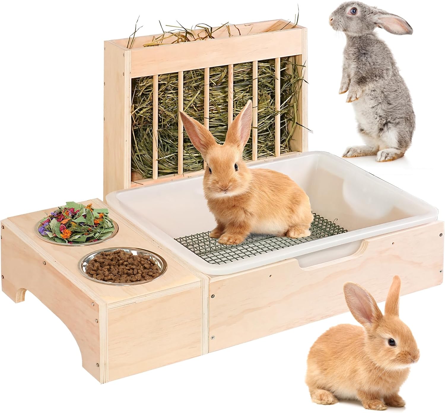 4 In 1 Rabbit Hay Feeder With Litter Box Wooden Bunny Feeder Manger Hay Holder Rack Toilet For Guinea Pig Hamster Small Animals