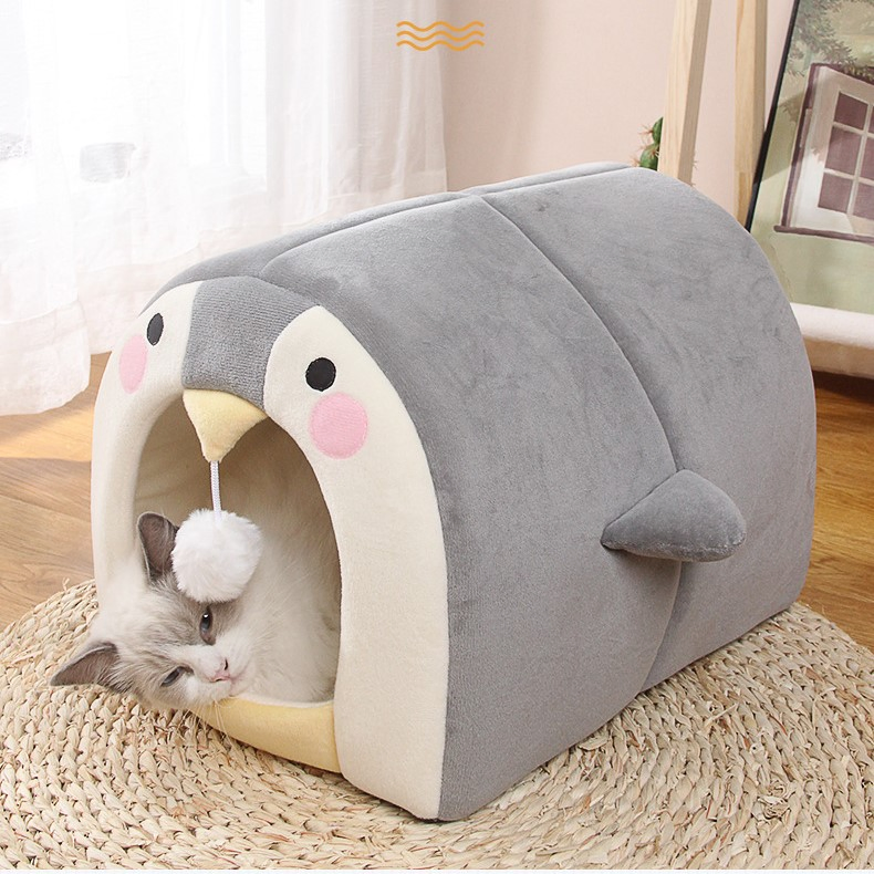 Wholesale Anime Style Dog Bed Plush Stuffed Grey Penguin Warm Cat House