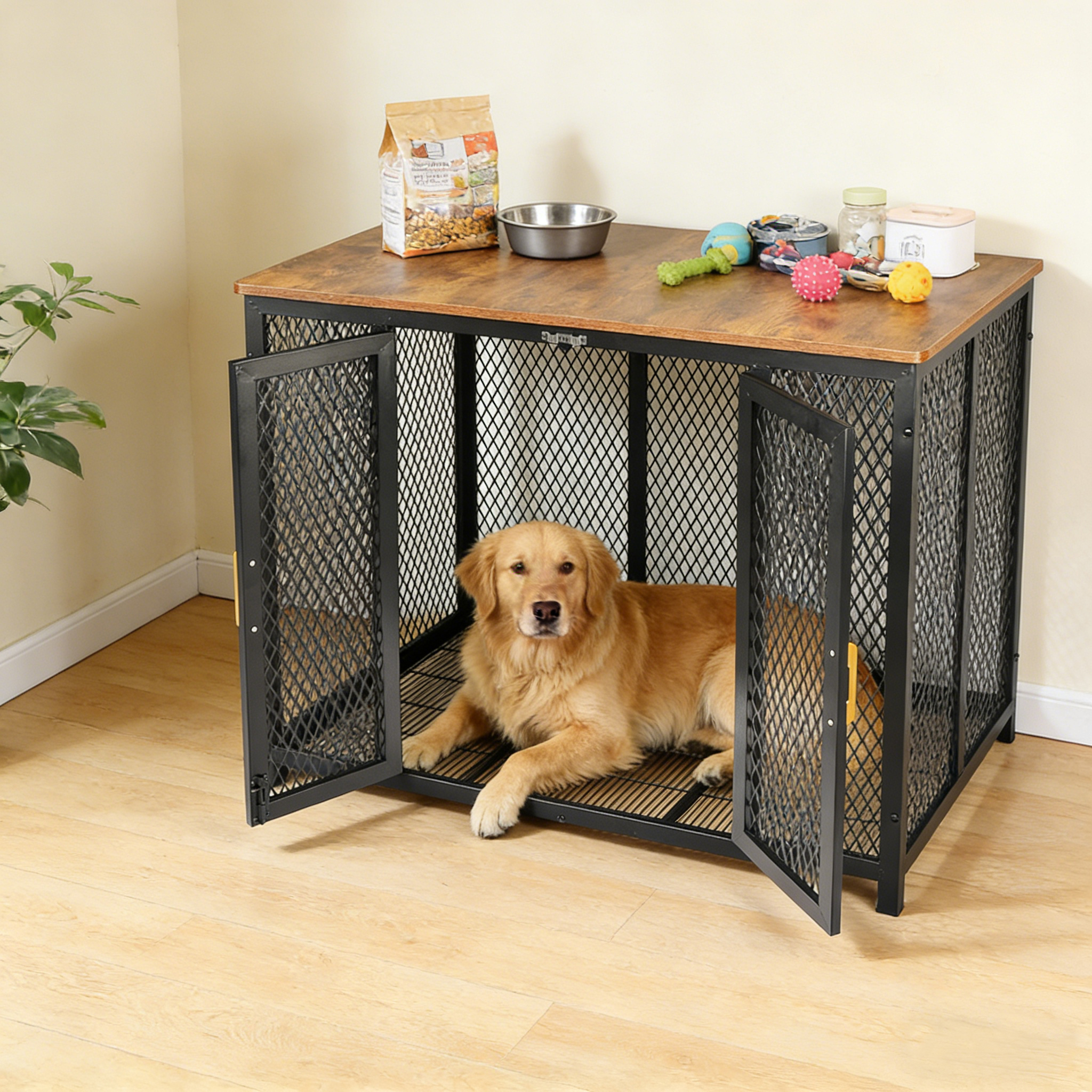 Furniture Style Dog Crate Indoor End Table Wooden Dog Cage with Double Doors for Large Medium Dogs