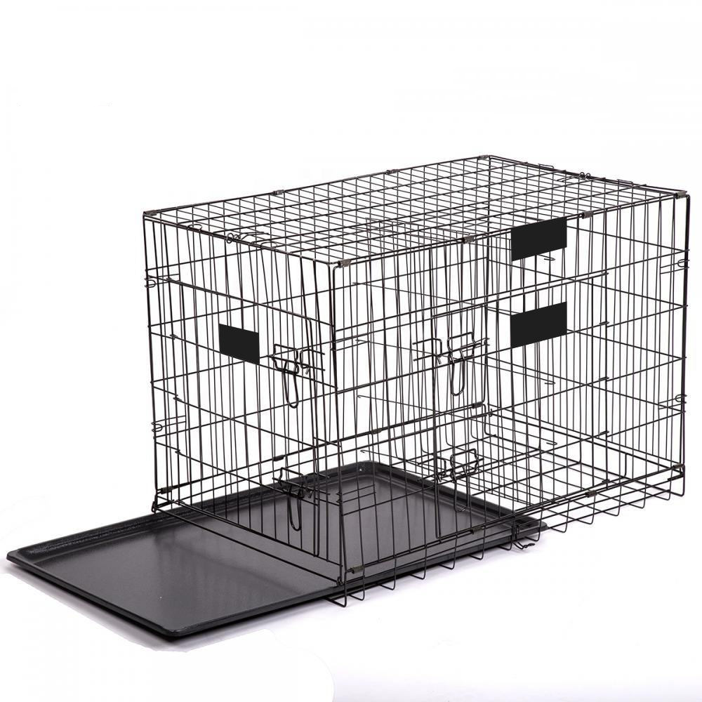 Double Door Pet Dog Kennel Crate Cage with Black Metal Foldable Heavy Duty Large High Quality Indoor Outdoor