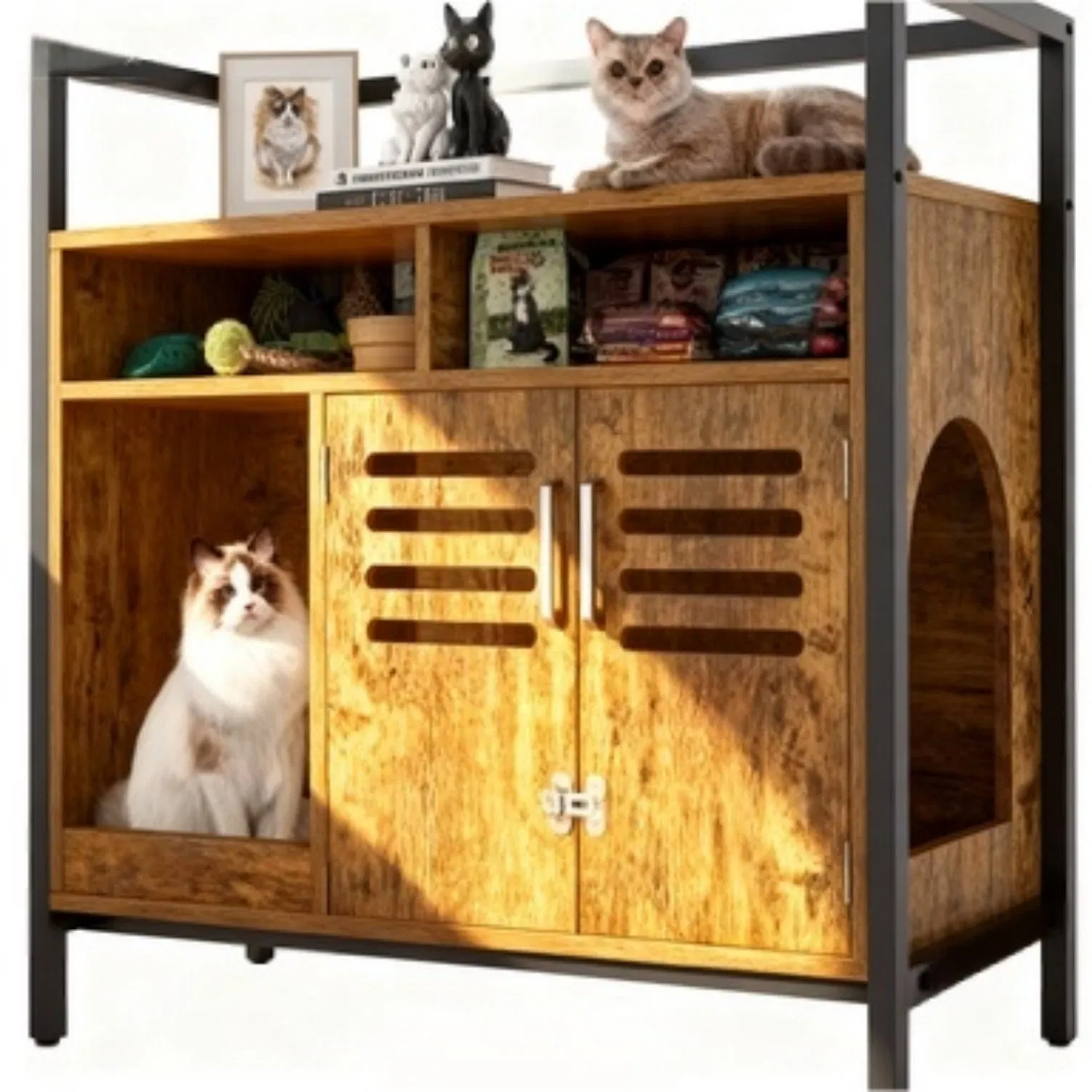 Modern Multi - Function Brown Wood Cat Villa with Black Frame Cat Hideout and Storage Cabinet for Pet Cats House Furniture