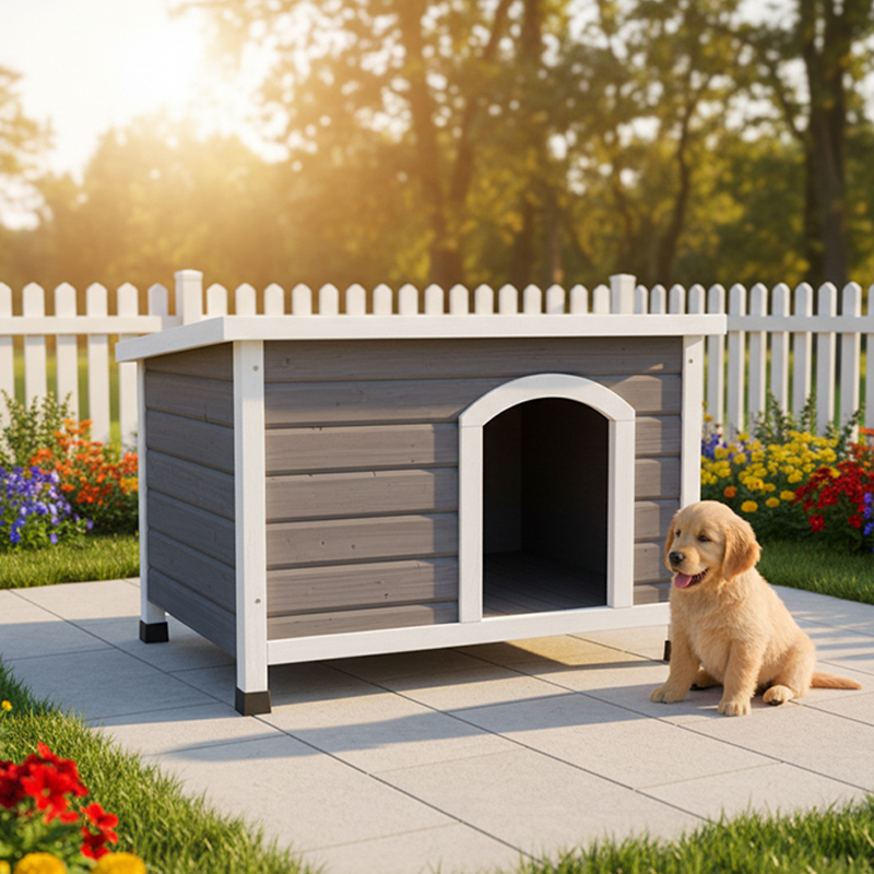 Fir Wood Dog House Outdoor Waterproof Pet Dog Cage with Elevated Base and Removable Tray for Easy Cleaning