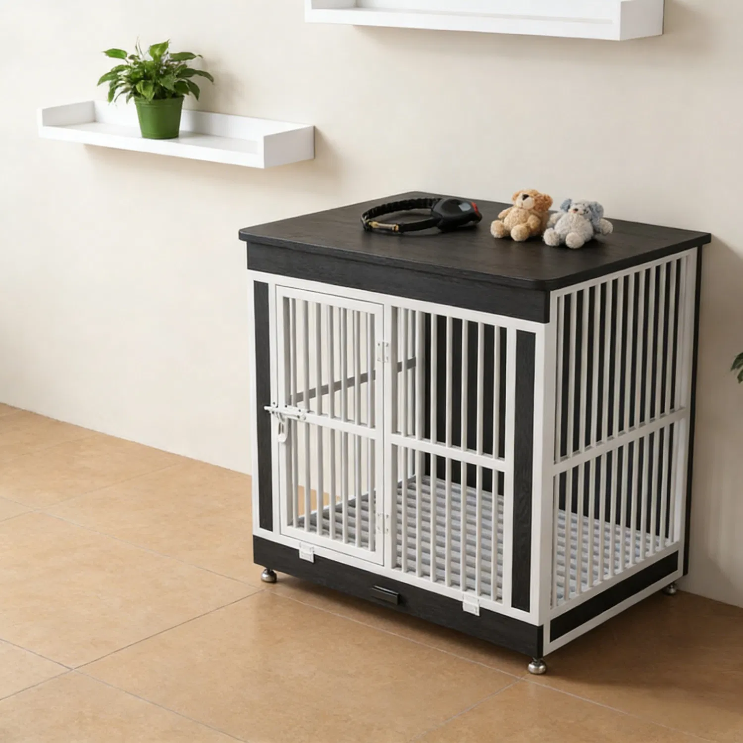 Furniture-Style Storage Dog House with Indoor Pet Kennel with Top Cabinet for Small/Medium Dogs