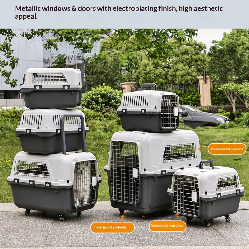 Large Gray Plastic Kennels Rolling Plastic Airline Approved Wire Door Travel Dog Crate Pet Flight Carrier