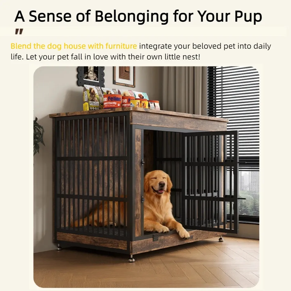 Furniture-Style Storage Dog House with Indoor Pet Kennel with Top Cabinet for Small/Medium Dogs
