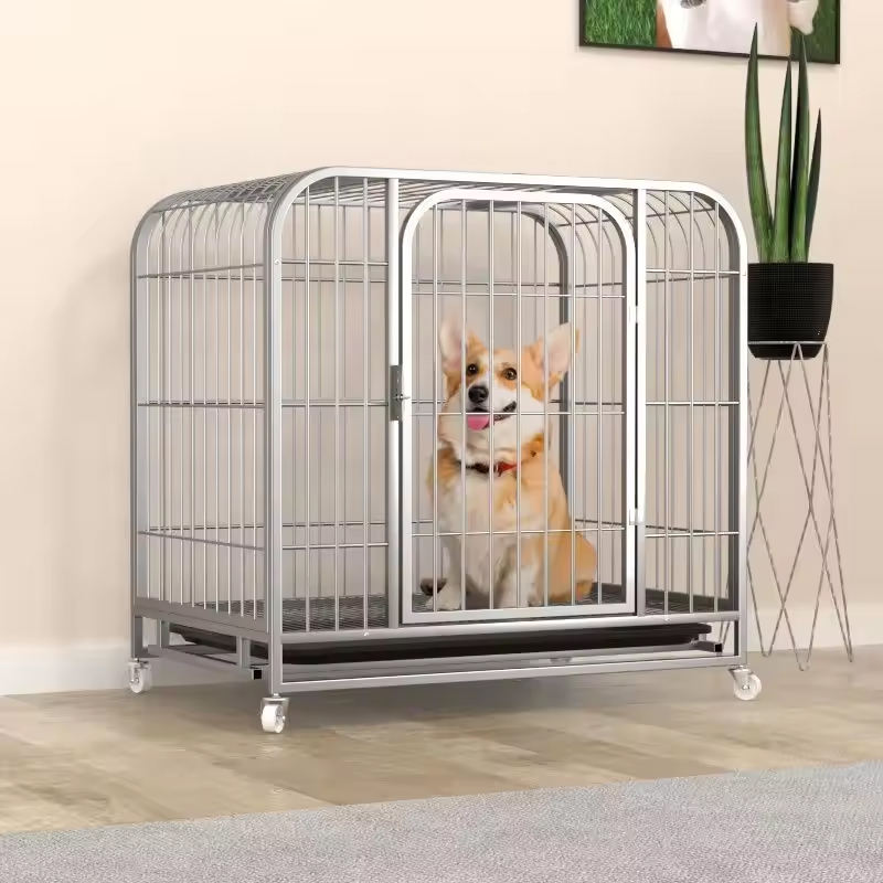 Stainless Steel Large Dog Crate Heavy Duty Foldable Anti-Rust Hook Loop Closure Square Shape Indoor Outdoor Use