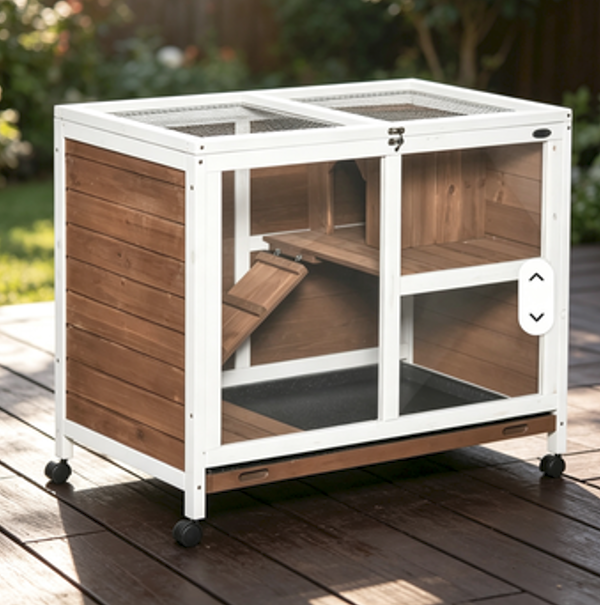 Indoor Luxury Modern Wooden Guinea Pig Cage 2-Story Rabbit Hutch Wheels Eco-Friendly Design Easy Clean Removable Tray