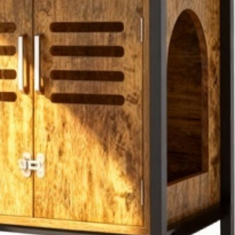 Modern Multi - Function Brown Wood Cat Villa with Black Frame Cat Hideout and Storage Cabinet for Pet Cats House Furniture