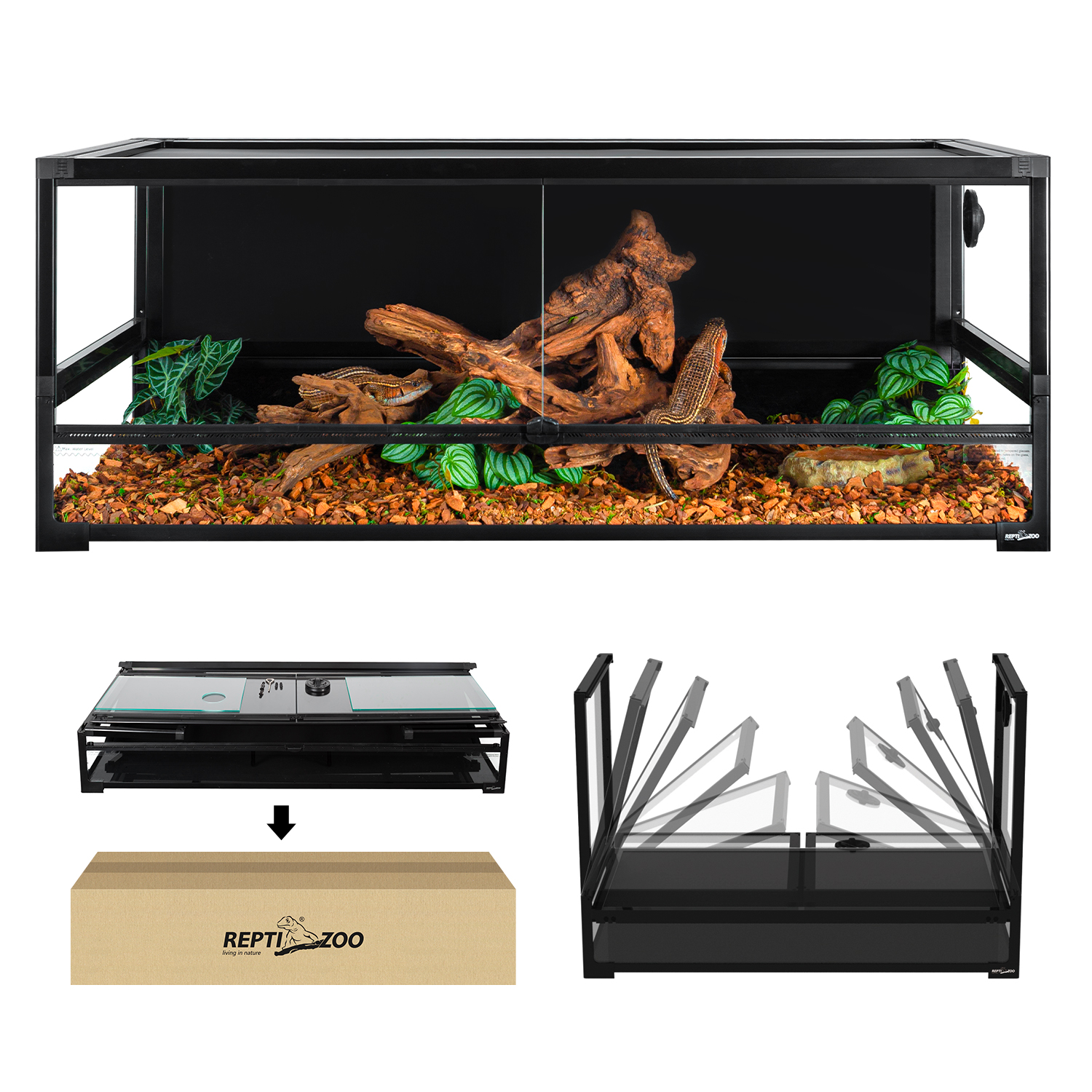 Reptizoo 48-Inch Folding Glass Reptile Terrarium for Lizards Turtles Snakes Pet Cage Beard Dragon Enclosure with Ventilation