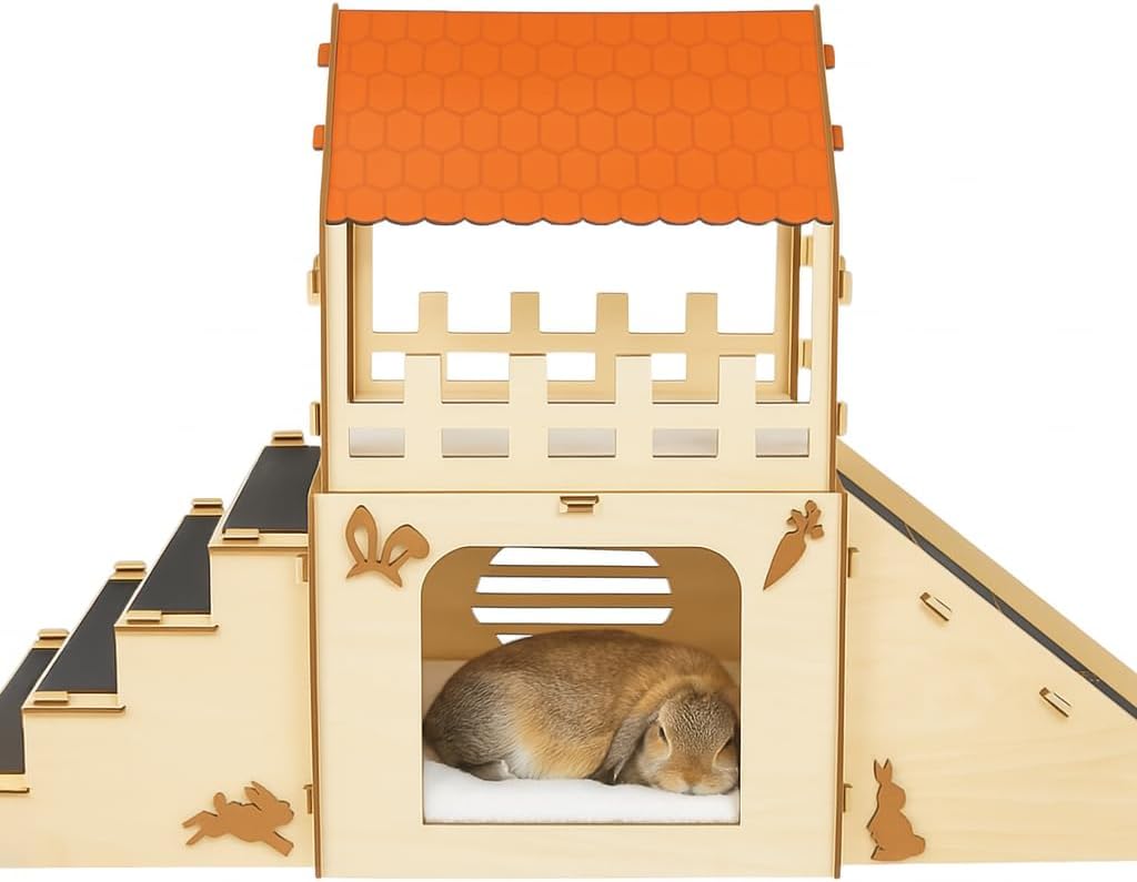 Sturdy 2 Story Basswood Rabbit House With Slide For Home Pet Habitat Use