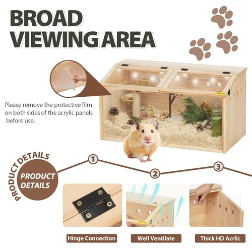 Small Animal Cage Large Hamster Habitats Enclosure Wooden Hamster Cage with Acrylic Window &amp; Openable Top