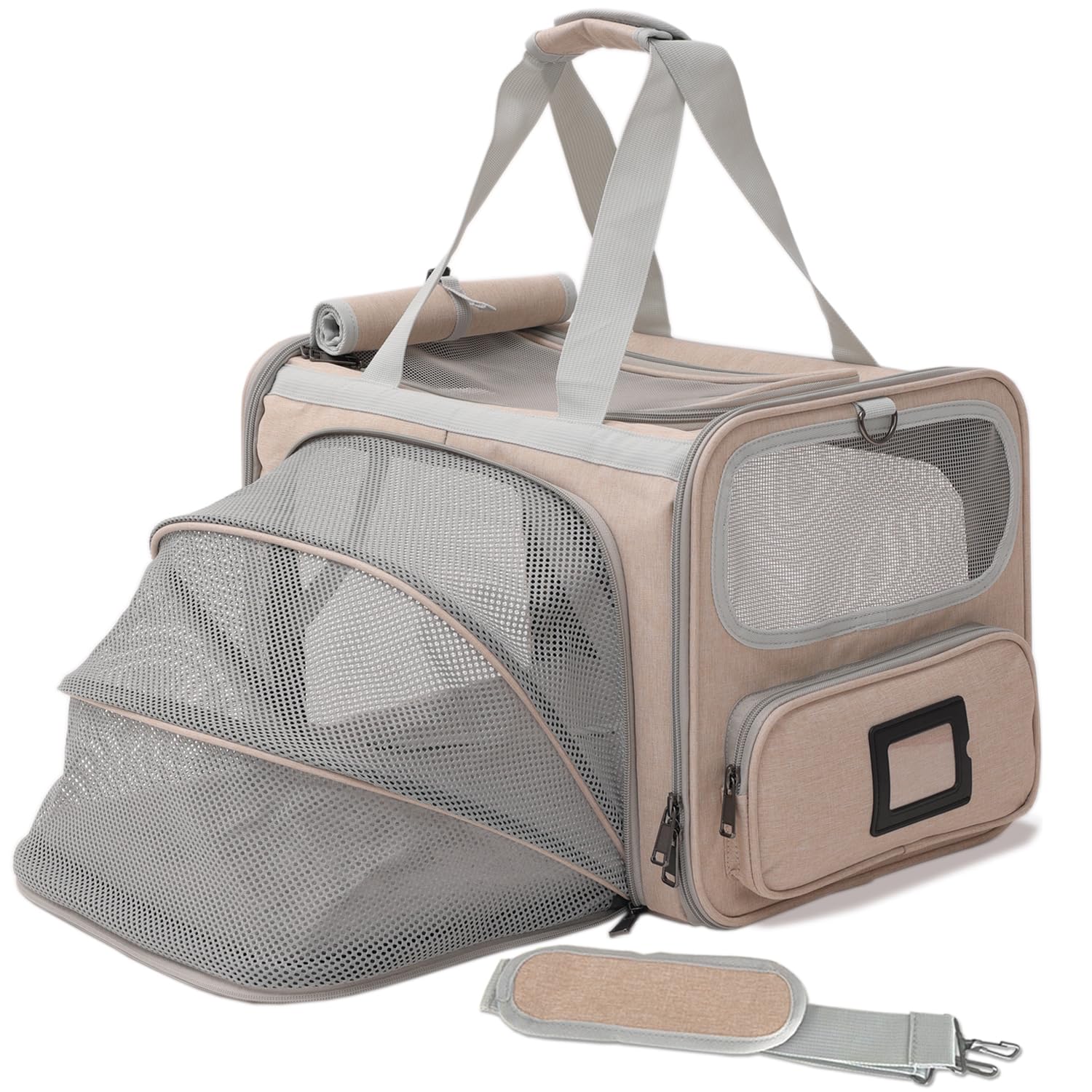 Khaki Zipper Transport Tote Fashionable Expandable Oxford Pet Carrier with Soft Fabric for Puppy Bunny Cat Airlines Approved