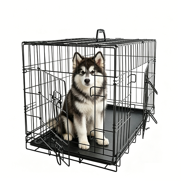 Double Door Pet Dog Kennel Crate Cage with Black Metal Foldable Heavy Duty Large High Quality Indoor Outdoor