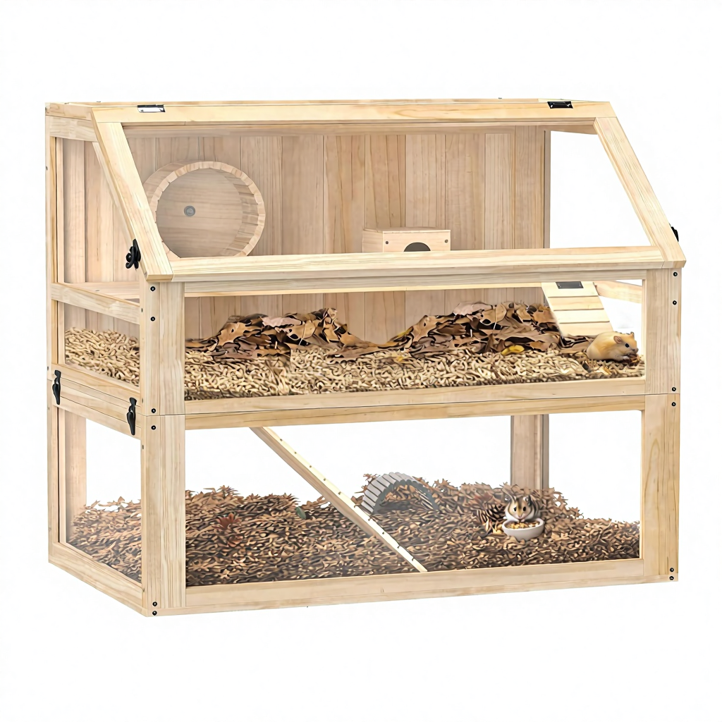 Luxury Modern Wood Hamster Gerbil Cage 3-Tier Detachable 31cm Deep Bottom Hut Seesaw Exercise Wheel Ramps Eco-Friendly Natural