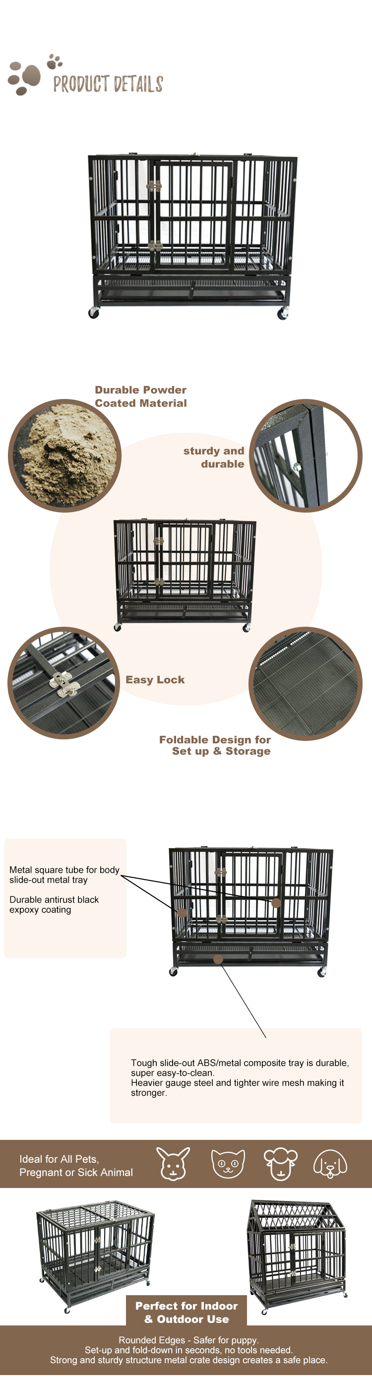 Dog Cage Crate Heavy Duty Strong Metal Kennel Playpen for Large Dogs with Four Wheels