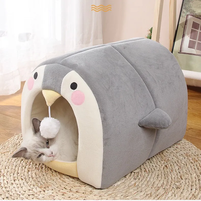 Wholesale Anime Style Dog Bed Plush Stuffed Grey Penguin Warm Cat House