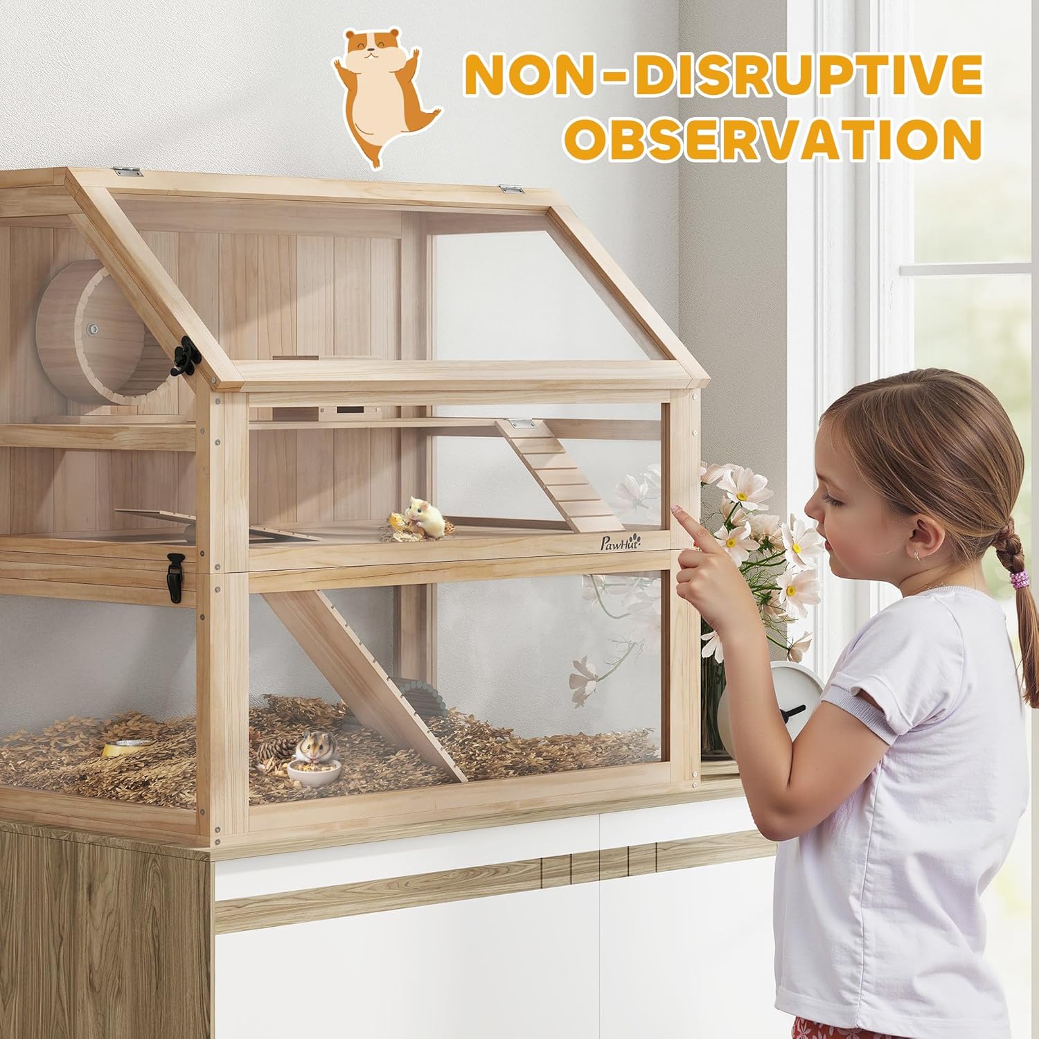 Luxury Modern Wood Hamster Gerbil Cage 3-Tier Detachable 31cm Deep Bottom Hut Seesaw Exercise Wheel Ramps Eco-Friendly Natural