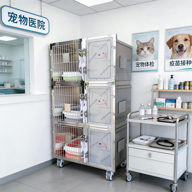3 Position Stainless Steel Cat Cage Luxury Easy to Clean Cat Hotel Cage with Wheels and Removable Waste Tray