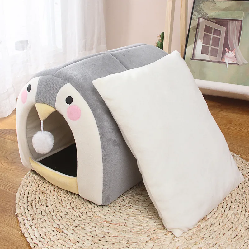 Wholesale Anime Style Dog Bed Plush Stuffed Grey Penguin Warm Cat House