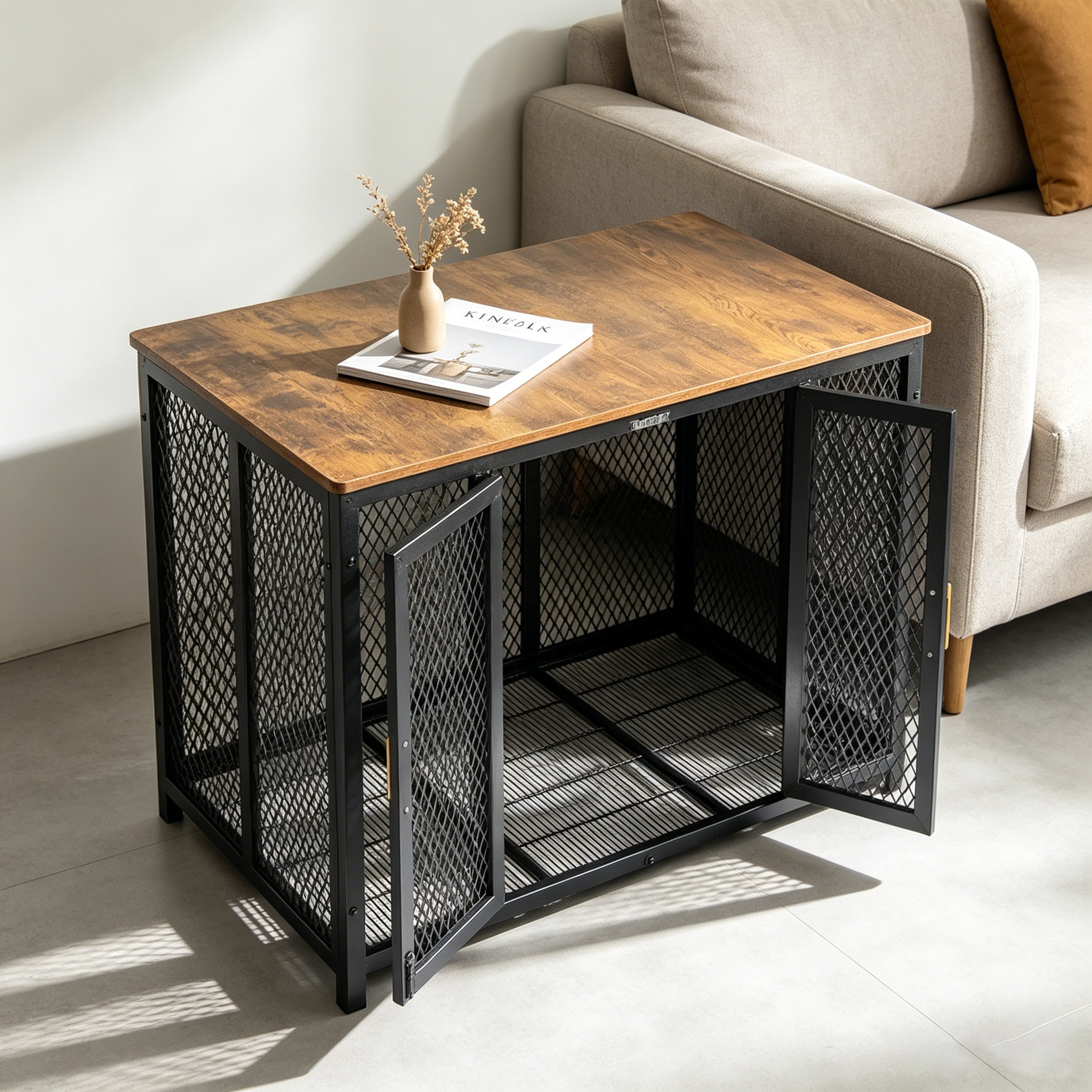 Furniture Style Dog Crate Indoor End Table Wooden Dog Cage with Double Doors for Large Medium Dogs