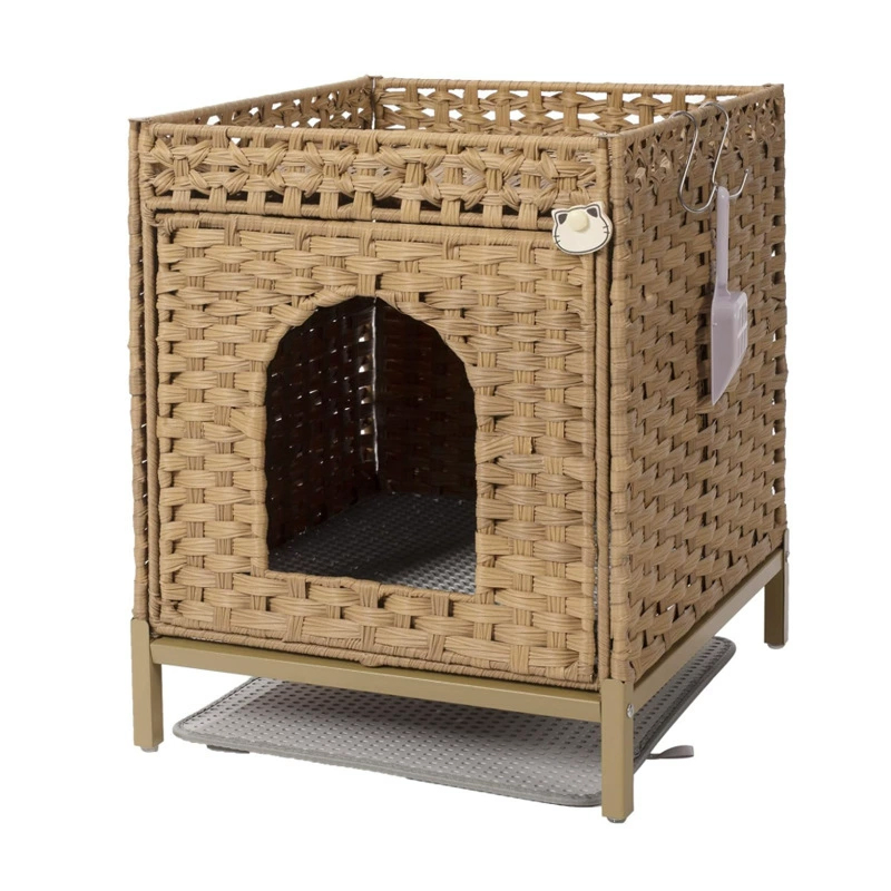 Luxury Collapsible Foldable Pet Basket Indoor Rattan Cat House with Animal Pattern for Living Room