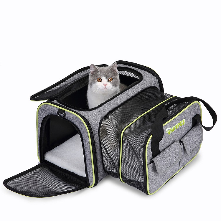 Soft Sided Pet Carrier Airline Approved 2 Sides Expandable Collapsible Cat Carrier With Pockets and Removable Fleece Pad